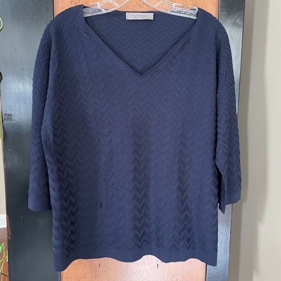 D. Exterior Navy Blue Tonal Chevron Jacquard V-Neck Boxy Tee sz S - Picture 1 of 4